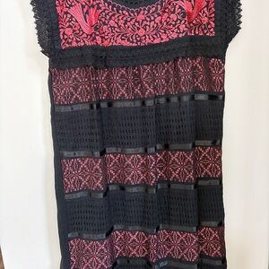 Black and Pink Embroidered Midi Dress